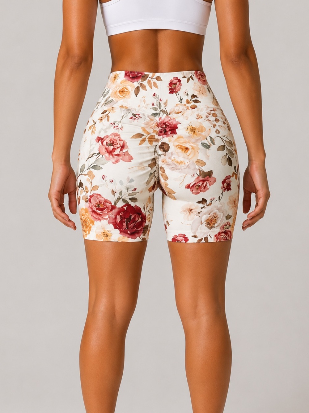 Floral High-Waist Women’s Bike Shorts - White Rose Print